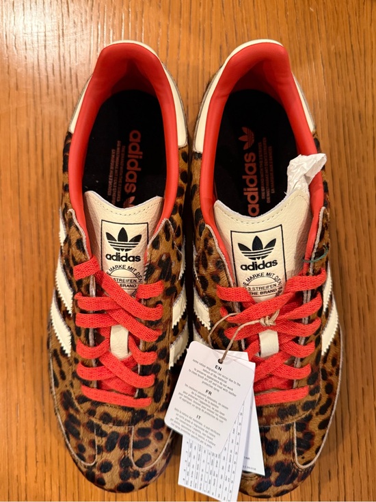 adidas Shoes - adidas Samba Women’s Leopard Print Three-Stripe Sneakers with Red and White Lace
